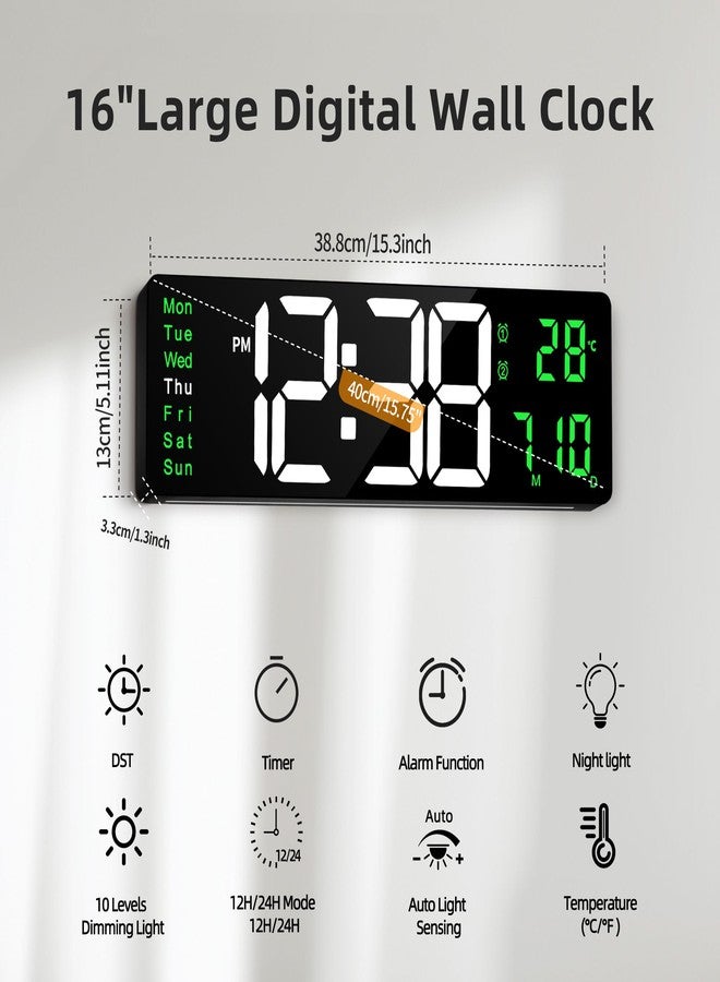 Maxstar 16" Digital Wall Clock with Remote, 2 Alarms, DST, Date, Week, Dimmer,Large Digital Clock With Temperatur,Jumbo Number,LED Display,Night Light for Living Room,Kitchen,Garage,Gym,Desk (Green) - Image 2