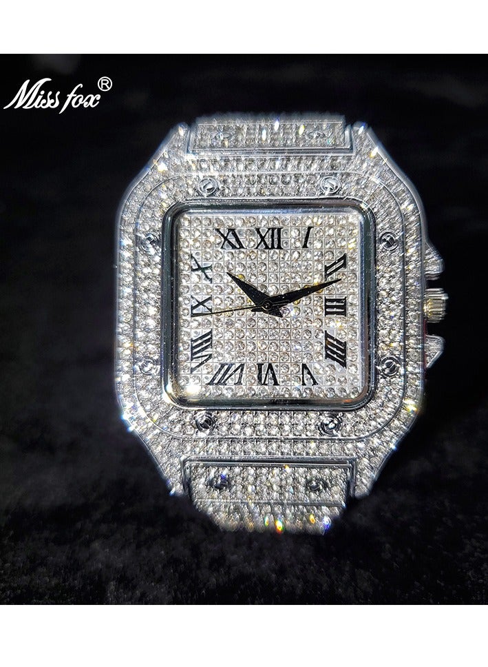 MISS FOX Roman High-End Hip-Hop Star-Studded Diamond Square Men's Watch Fashion Quartz Wristwatch Hot Gift - Image 2