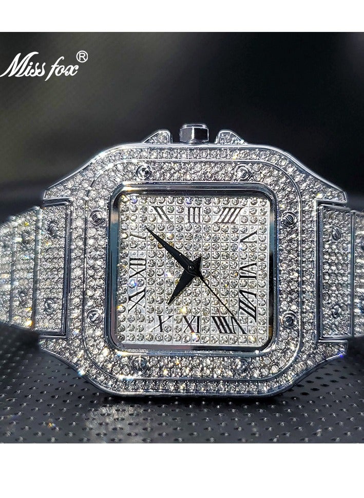 MISS FOX Roman High-End Hip-Hop Star-Studded Diamond Square Men's Watch Fashion Quartz Wristwatch Hot Gift - Image 3