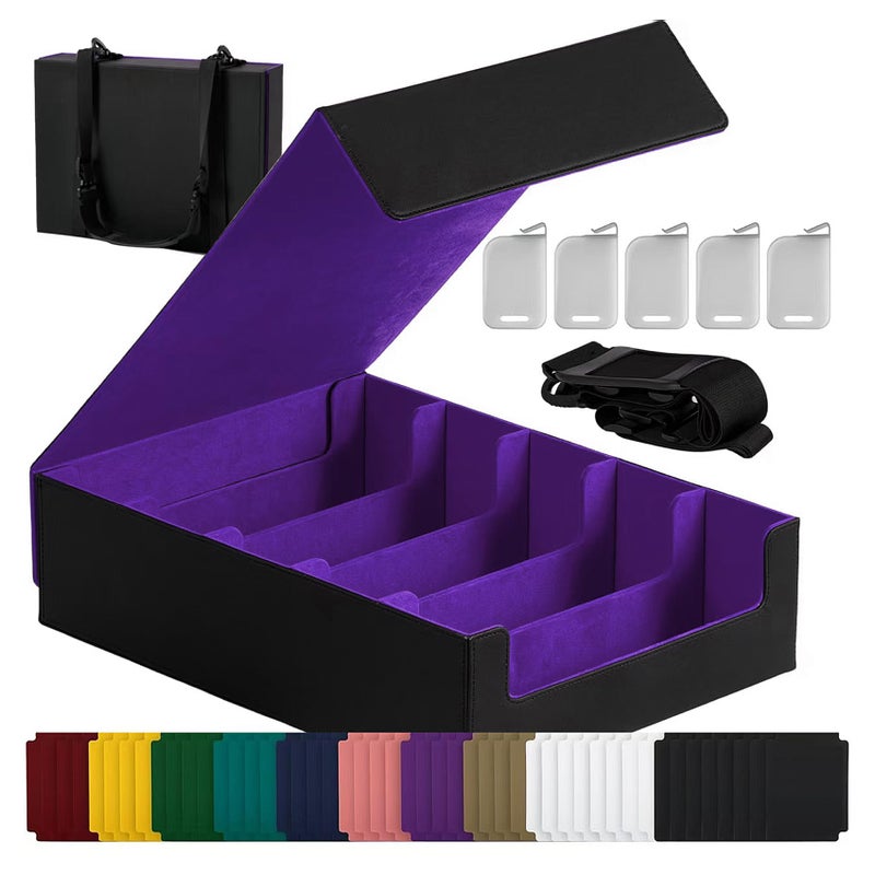 Scimi Magnetic Leather Trading Card Storage Box - 5-Row Deck Case Design, 3900+ Capacity for YuGiOh, MTG, TCG and Sports Cards, Includes 24 Colorful Dividers & 5 Card Supportsï¼ˆBlack/Purpleï¼‰ - Image 1