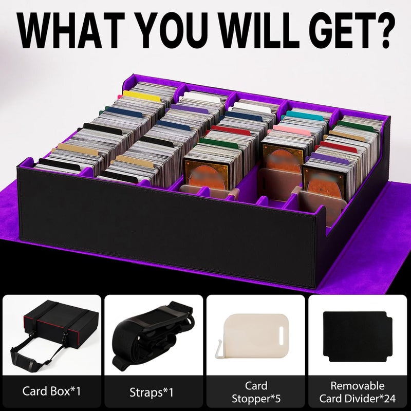 Scimi Magnetic Leather Trading Card Storage Box - 5-Row Deck Case Design, 3900+ Capacity for YuGiOh, MTG, TCG and Sports Cards, Includes 24 Colorful Dividers & 5 Card Supportsï¼ˆBlack/Purpleï¼‰ - Image 3