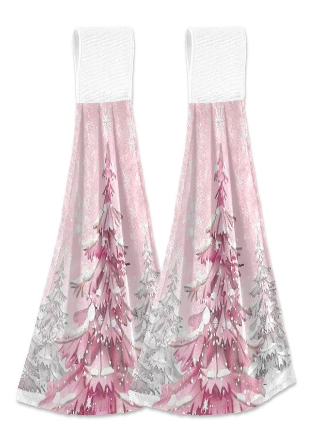 Boccsty Pink Cartoon Christmas Tree Hanging Kitchen Towels 2 Pieces White Snowflake Dish Tie Hand Towels for Farmhouse - Image 1