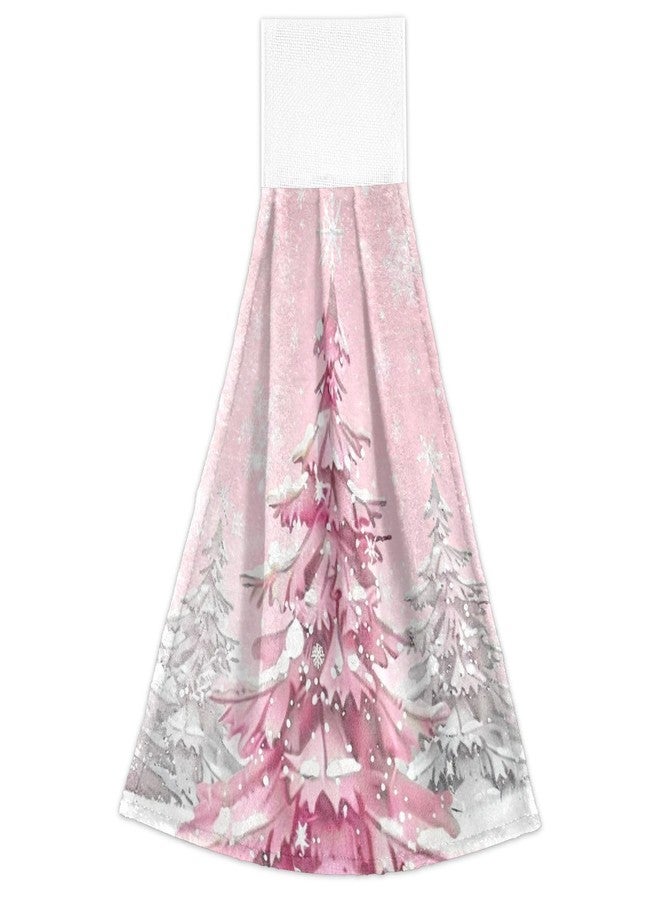 Boccsty Pink Cartoon Christmas Tree Hanging Kitchen Towels 2 Pieces White Snowflake Dish Tie Hand Towels for Farmhouse - Image 2