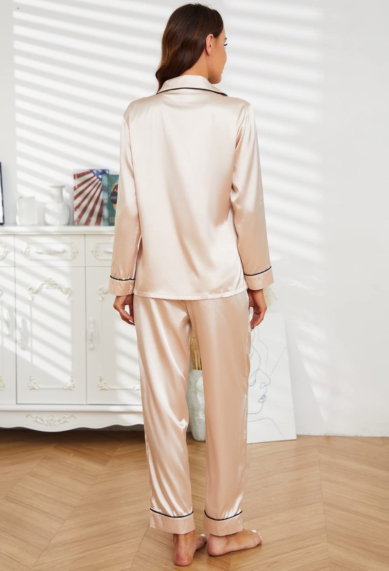 U2SKIIN Women Silk Pajamas Set, Long Sleeve Satin Pajamas for Women Sleepwear Button Down Pjs Set Two-piece(Champagne, L) - Image 3