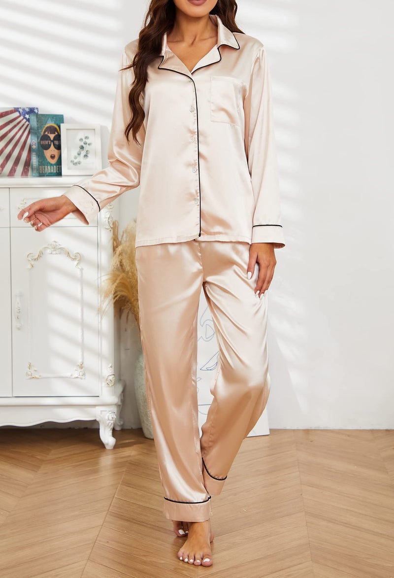 U2SKIIN Women Silk Pajamas Set, Long Sleeve Satin Pajamas for Women Sleepwear Button Down Pjs Set Two-piece(Champagne, L) - Image 2