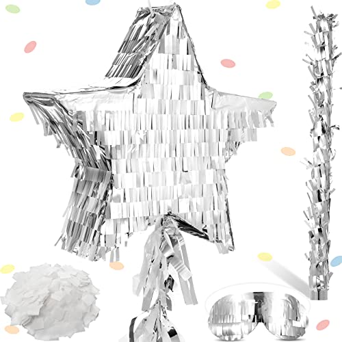 Sratte Star Piata with Tassel Mini Silver Piata Festive Star Piata with Stick Blindfold Confetti Foil Piata 12 x 12 x 3 Inch for Adults Anniversary Mexican Birthday Baby Shower Party - Image 1