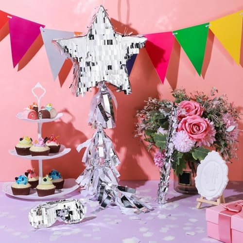 Sratte Star Piata with Tassel Mini Silver Piata Festive Star Piata with Stick Blindfold Confetti Foil Piata 12 x 12 x 3 Inch for Adults Anniversary Mexican Birthday Baby Shower Party - Image 5