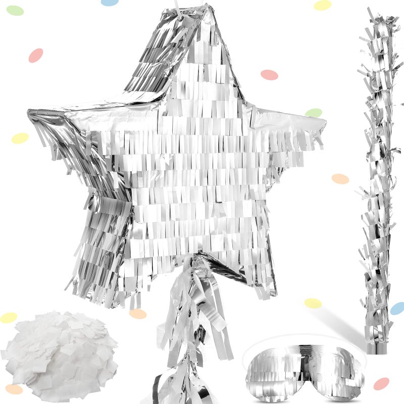 Sratte Star Piata with Tassel Mini Silver Piata Festive Star Piata with Stick Blindfold Confetti Foil Piata 12 x 12 x 3 Inch for Adults Anniversary Mexican Birthday Baby Shower Party - Image 4