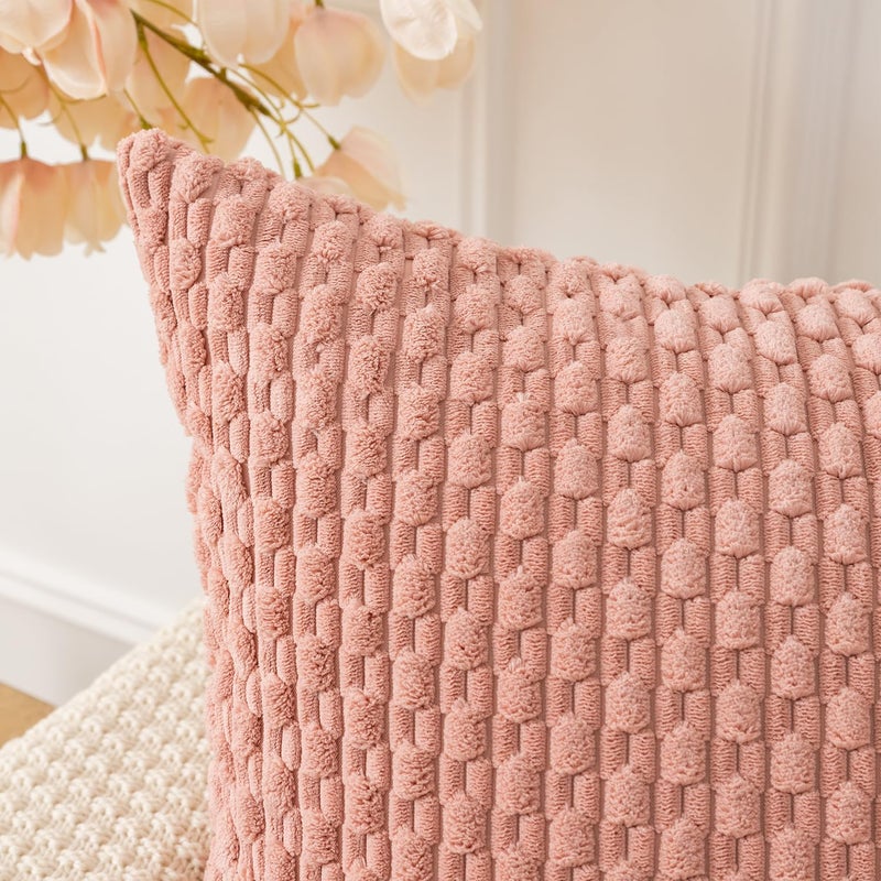 K KEVIN TEXTILE Kevin Textile Throw Pillow Covers Soft Corduroy Decorative Set of 2 Boho Striped Pillow Covers Pillowcases Farmhouse Home Decor for Couch Bed Sofa Living Room 18x18 Inch Baby Pink  - Image 2