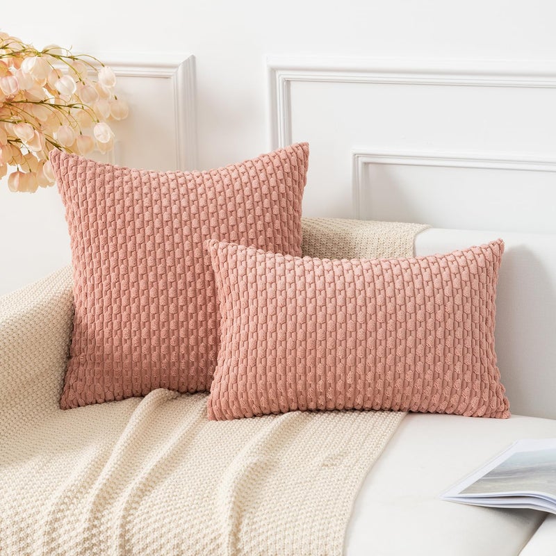 K KEVIN TEXTILE Kevin Textile Throw Pillow Covers Soft Corduroy Decorative Set of 2 Boho Striped Pillow Covers Pillowcases Farmhouse Home Decor for Couch Bed Sofa Living Room 18x18 Inch Baby Pink  - Image 5