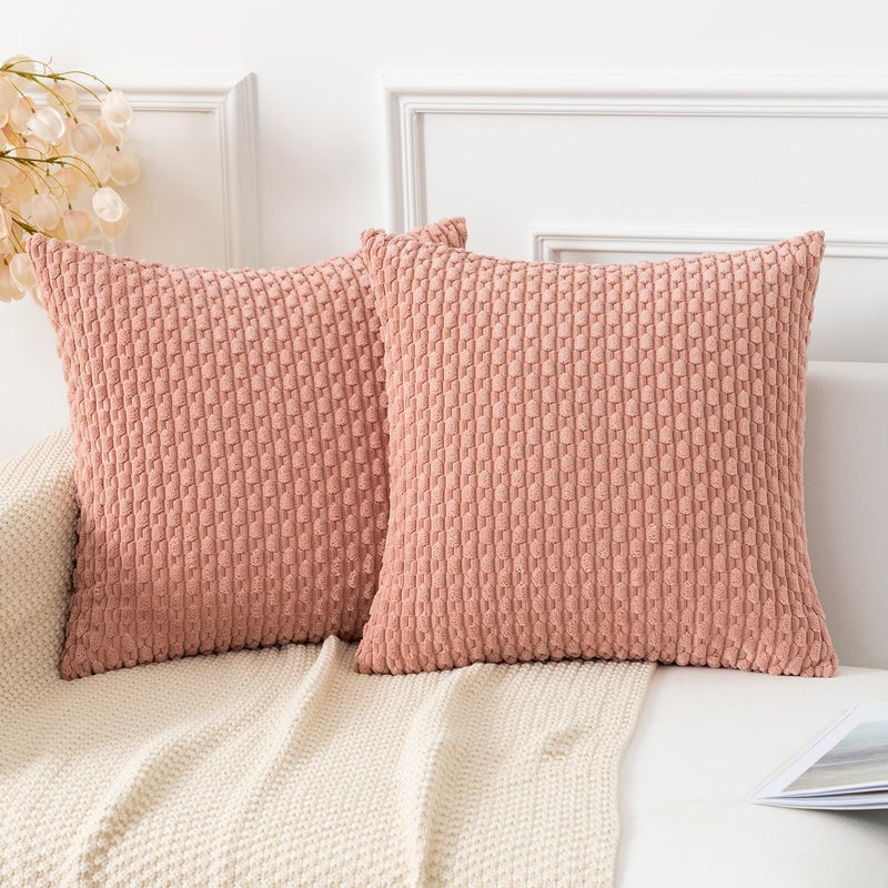 K KEVIN TEXTILE Kevin Textile Throw Pillow Covers Soft Corduroy Decorative Set of 2 Boho Striped Pillow Covers Pillowcases Farmhouse Home Decor for Couch Bed Sofa Living Room 18x18 Inch Baby Pink  - Image 1