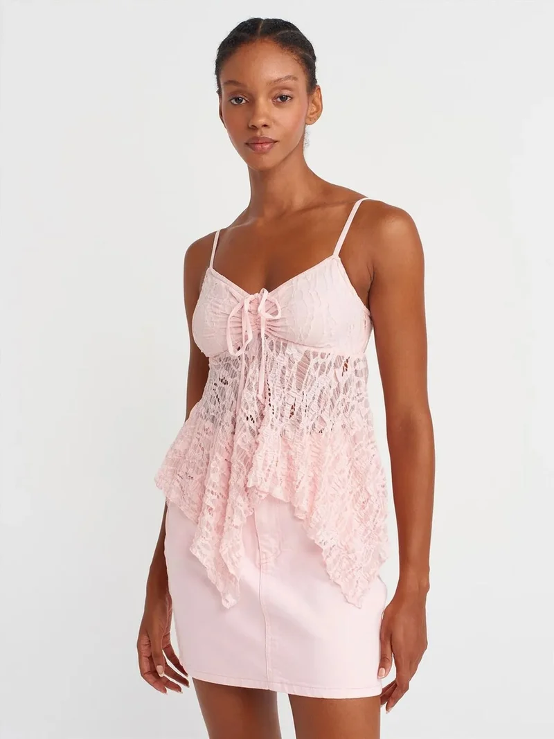 ديلفين DILVIN Lace Square-Neck Tie-Front Cami Blouse