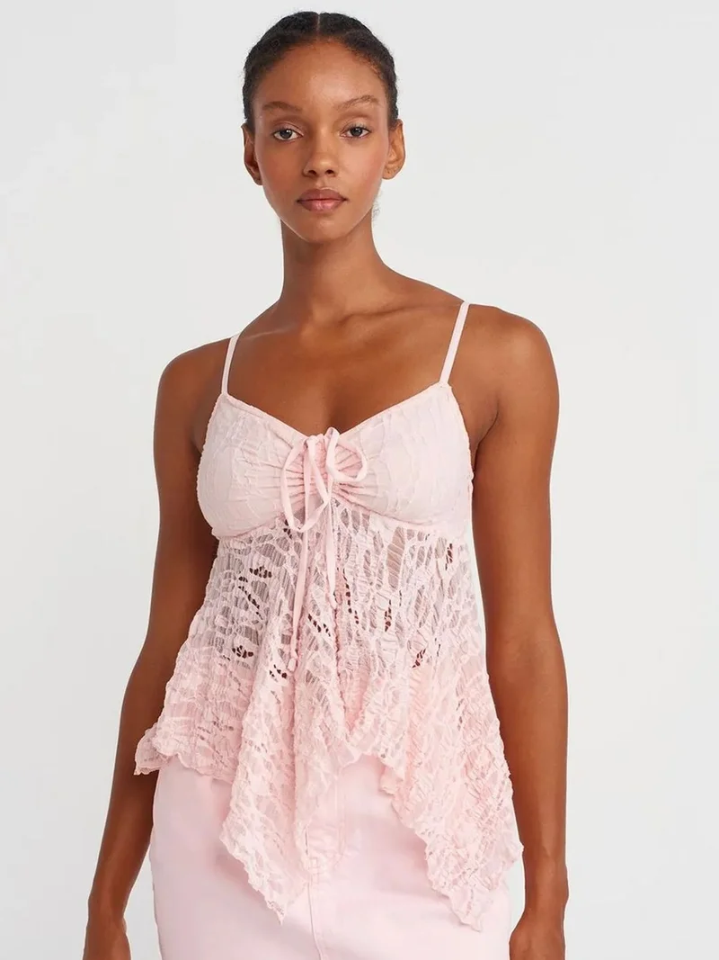ديلفين DILVIN Lace Square-Neck Tie-Front Cami Blouse