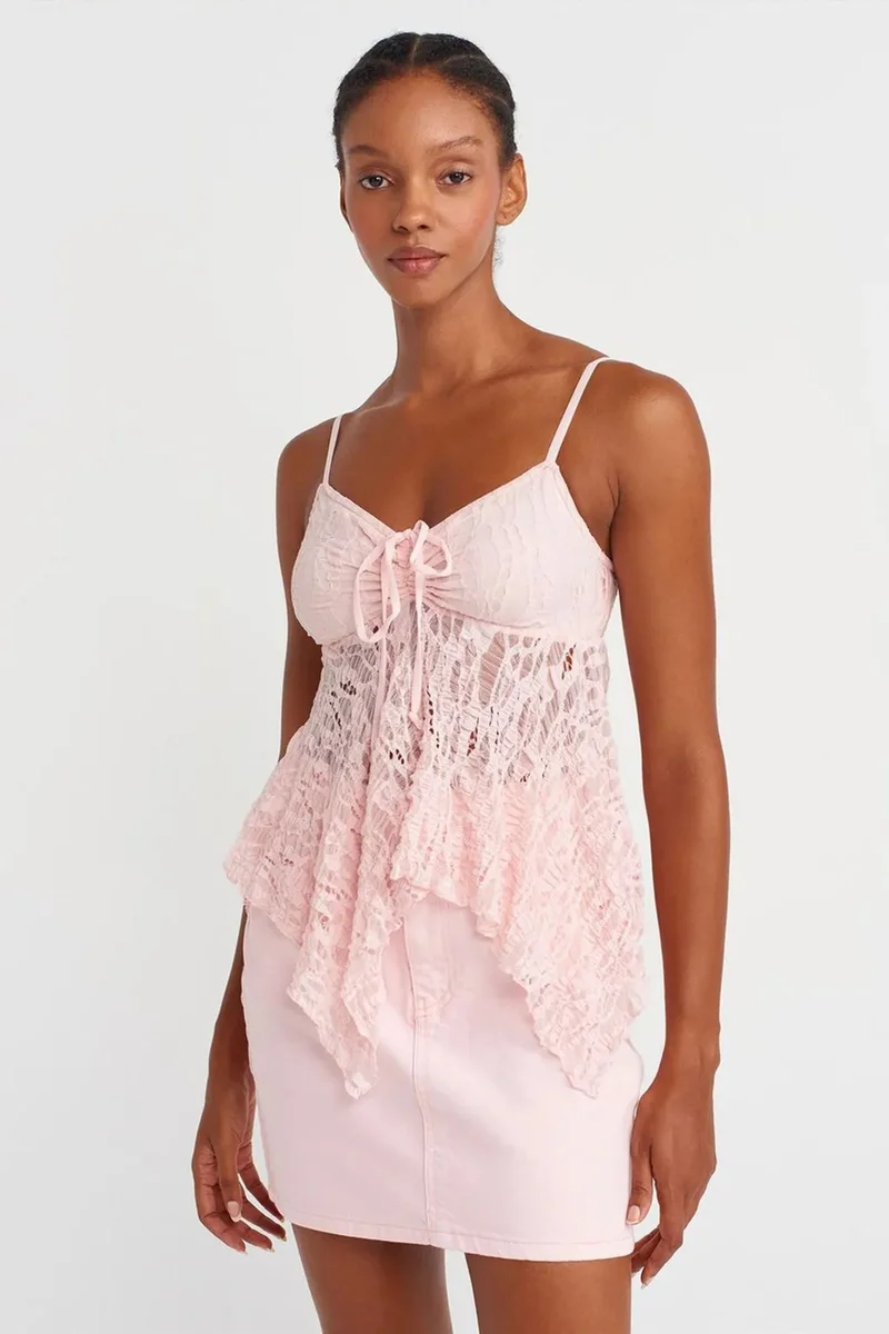 Dilvin Blush Pink DILVIN Lace Square-Neck Tie-Front Cami Blouse for Women | Best Price UAE