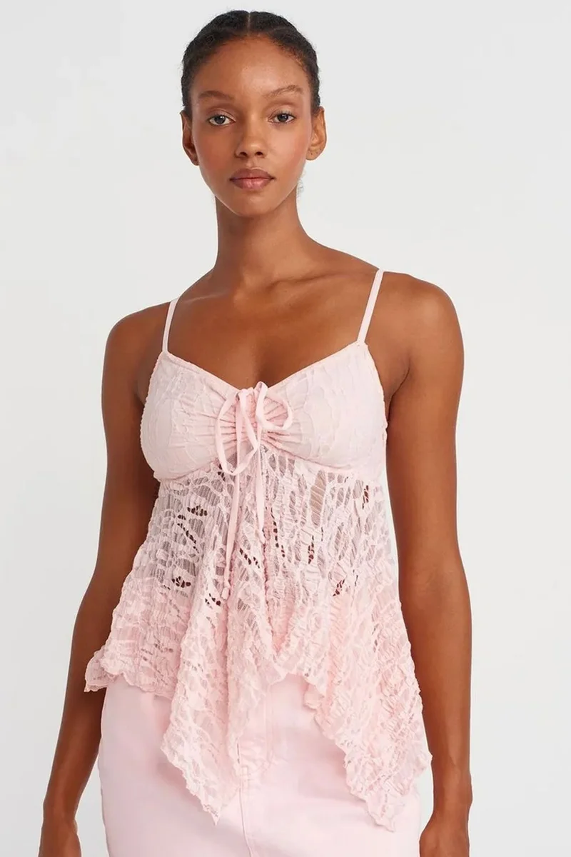 DILVIN Lace Square-Neck Tie-Front Cami Blouse