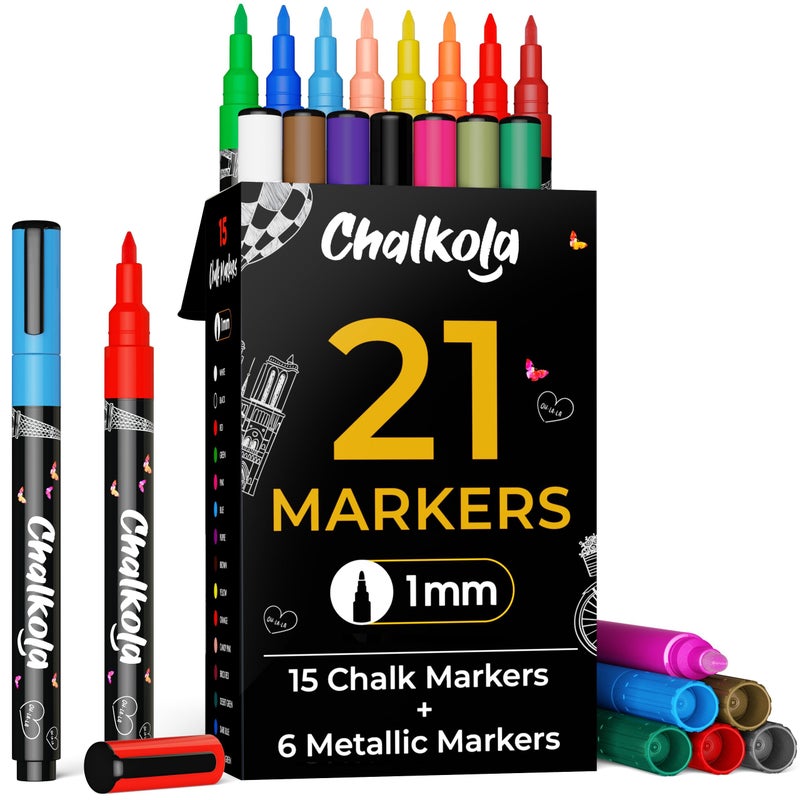 Chalkola Extra Fine Tip Chalk Markers for Blackboard Glass Pack of 21 1mm Tip Washable Liquid Chalk Pens for Dry Erase Board Car Windows Acrylic Calendar Thin Chalkboard Markers Erasable - Image 2