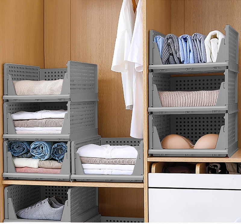 ink craft ink craft Plastic Foldable Stackable Organizer Rack Drawer Shelf Storage Container for Home Wardrobe Cupboard Grey Pack Of 2 - Image 3