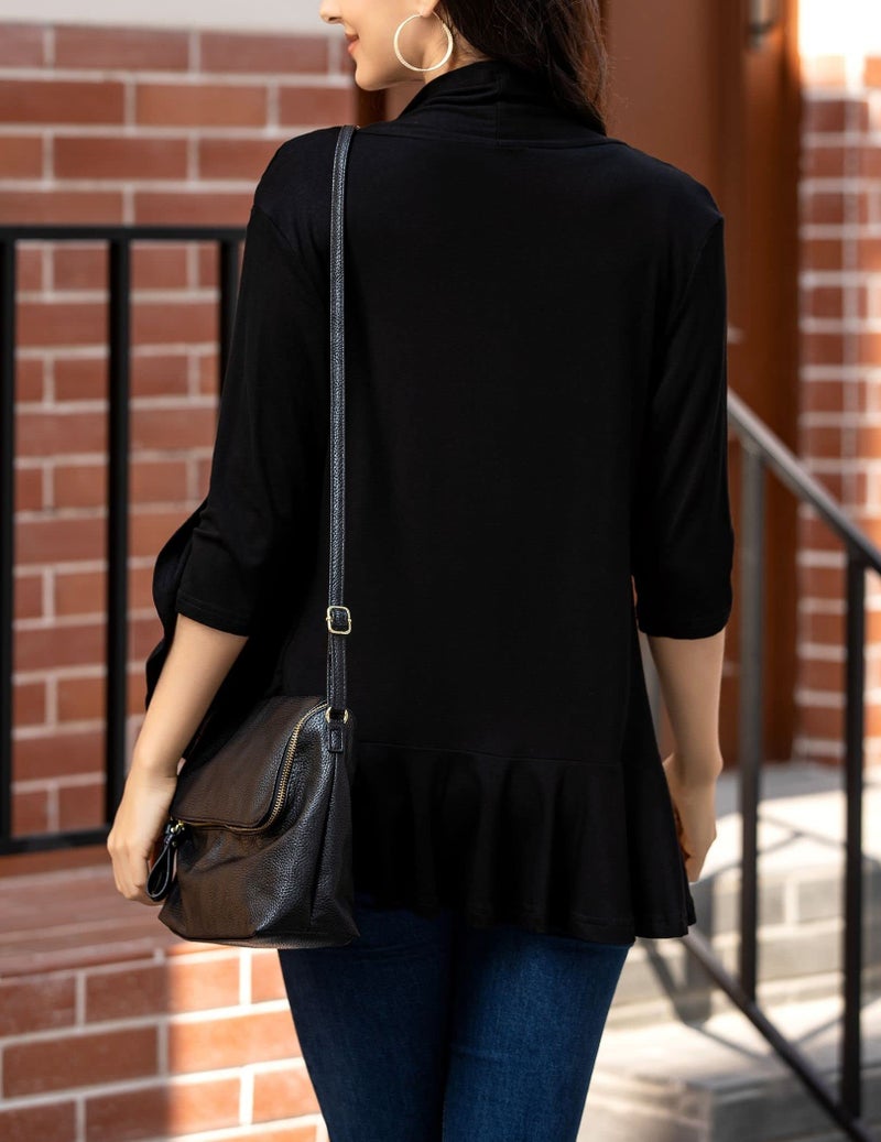 Zeagoo Women's Open Front 3/4 Sleeve Draped Ruffles Knit Cardigan X-Large Black - Image 4