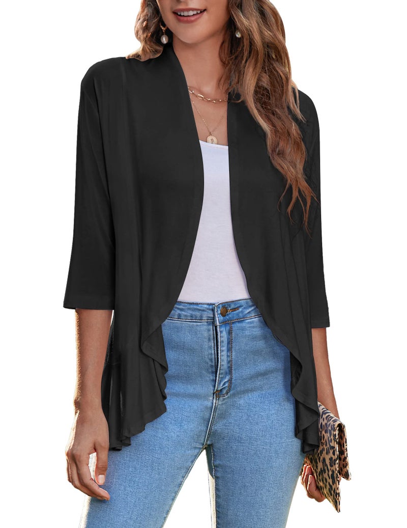 Zeagoo Women's Open Front 3/4 Sleeve Draped Ruffles Knit Cardigan X-Large Black - Image 1