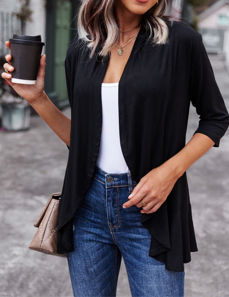 Zeagoo Women's Open Front 3/4 Sleeve Draped Ruffles Knit Cardigan X-Large Black - Image 2