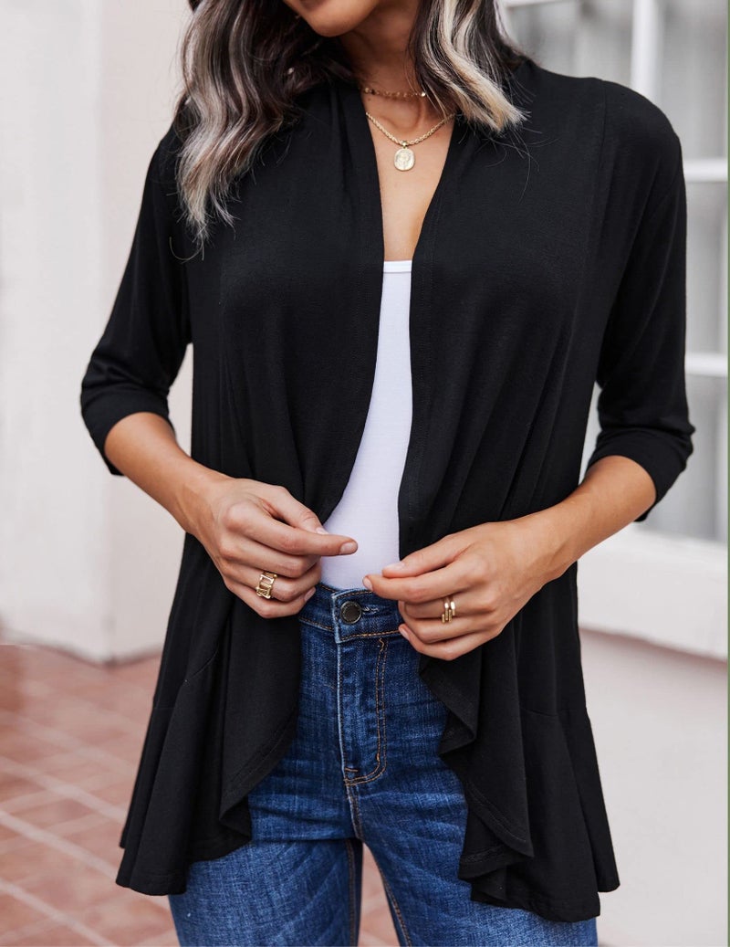 Zeagoo Women's Open Front 3/4 Sleeve Draped Ruffles Knit Cardigan X-Large Black - Image 3