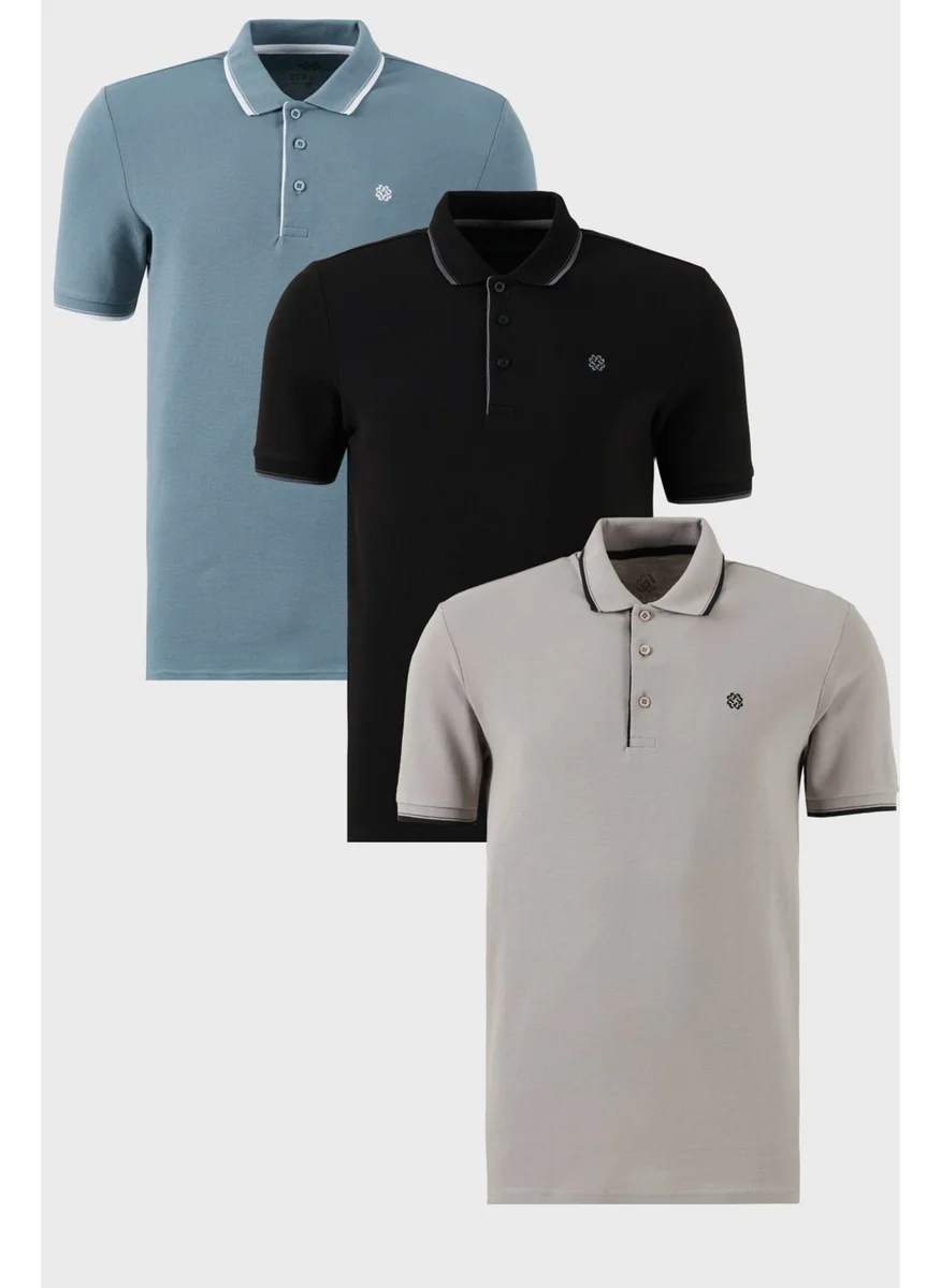 Buratti Cotton Slim Fit Stripe Detailed Buttoned Polo Collar 3-Pack T Shirt Men's T Shirt 5902118S3