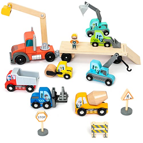 BBtinker Wooden Construction Site Vehicles with Trailer 14 PCS Set, Vehicle Toys Cars for Toddlers and Kids Ages 3+ Gifts for Boys Girls, Compatible with Thomas and Other Major Brand Train Toy and Railway Set - Image 1