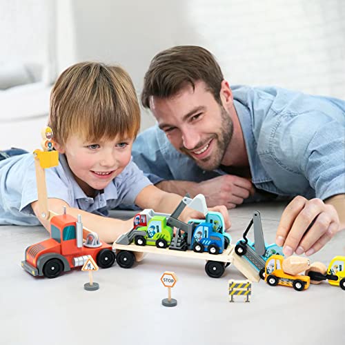 BBtinker Wooden Construction Site Vehicles with Trailer 14 PCS Set, Vehicle Toys Cars for Toddlers and Kids Ages 3+ Gifts for Boys Girls, Compatible with Thomas and Other Major Brand Train Toy and Railway Set - Image 4