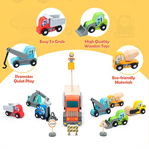 BBtinker Wooden Construction Site Vehicles with Trailer 14 PCS Set, Vehicle Toys Cars for Toddlers and Kids Ages 3+ Gifts for Boys Girls, Compatible with Thomas and Other Major Brand Train Toy and Railway Set - Image 3