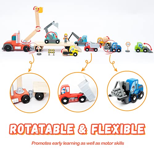 BBtinker Wooden Construction Site Vehicles with Trailer 14 PCS Set, Vehicle Toys Cars for Toddlers and Kids Ages 3+ Gifts for Boys Girls, Compatible with Thomas and Other Major Brand Train Toy and Railway Set - Image 2
