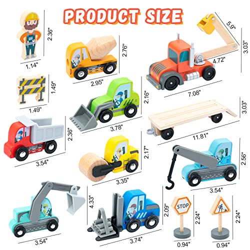 BBtinker Wooden Construction Site Vehicles with Trailer 14 PCS Set, Vehicle Toys Cars for Toddlers and Kids Ages 3+ Gifts for Boys Girls, Compatible with Thomas and Other Major Brand Train Toy and Railway Set - Image 5