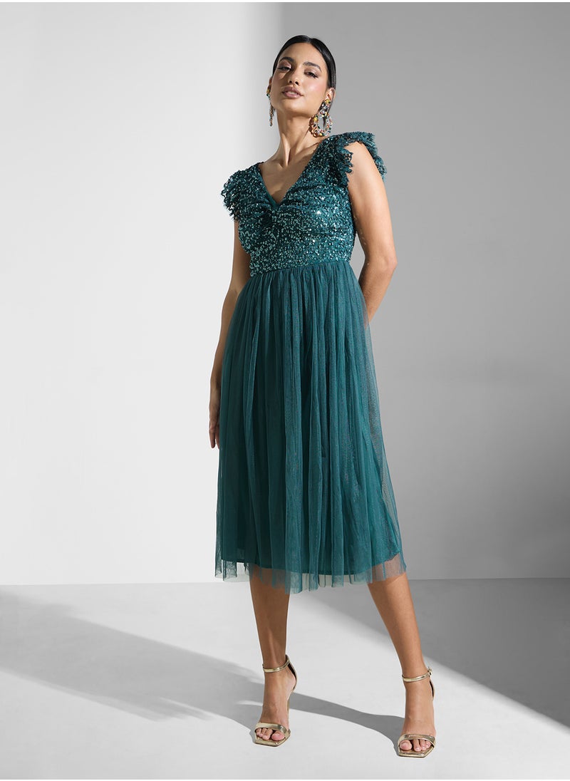 Maya - Flutter Sleeve Mesh Detail Twist Front Dress - Image 1