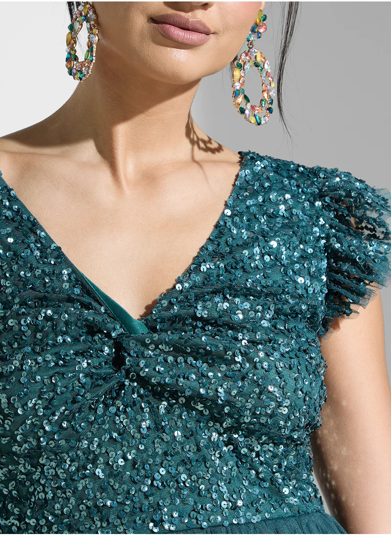 Maya Flutter Sleeve Mesh Detail Twist Front Dress