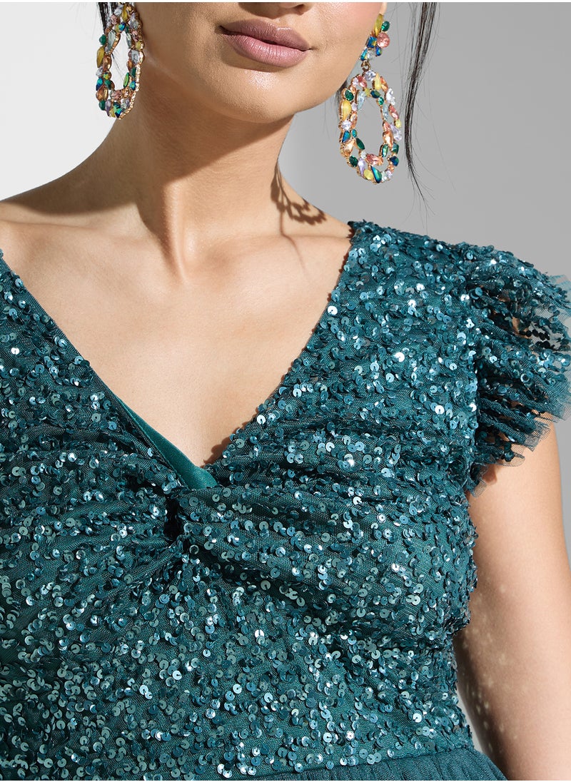 Maya - Flutter Sleeve Mesh Detail Twist Front Dress - Image 1