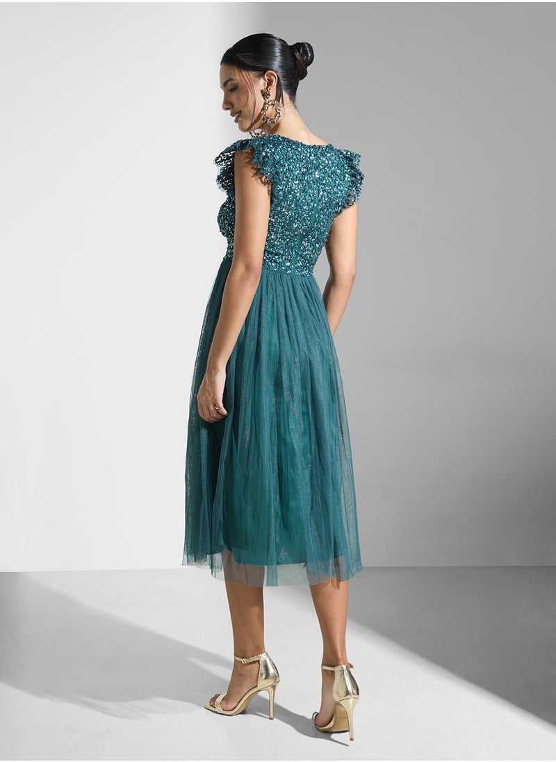 Maya - Flutter Sleeve Mesh Detail Twist Front Dress - Image 1