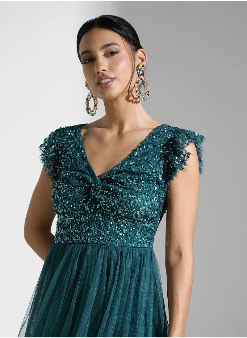 Maya Flutter Sleeve Mesh Detail Twist Front Dress