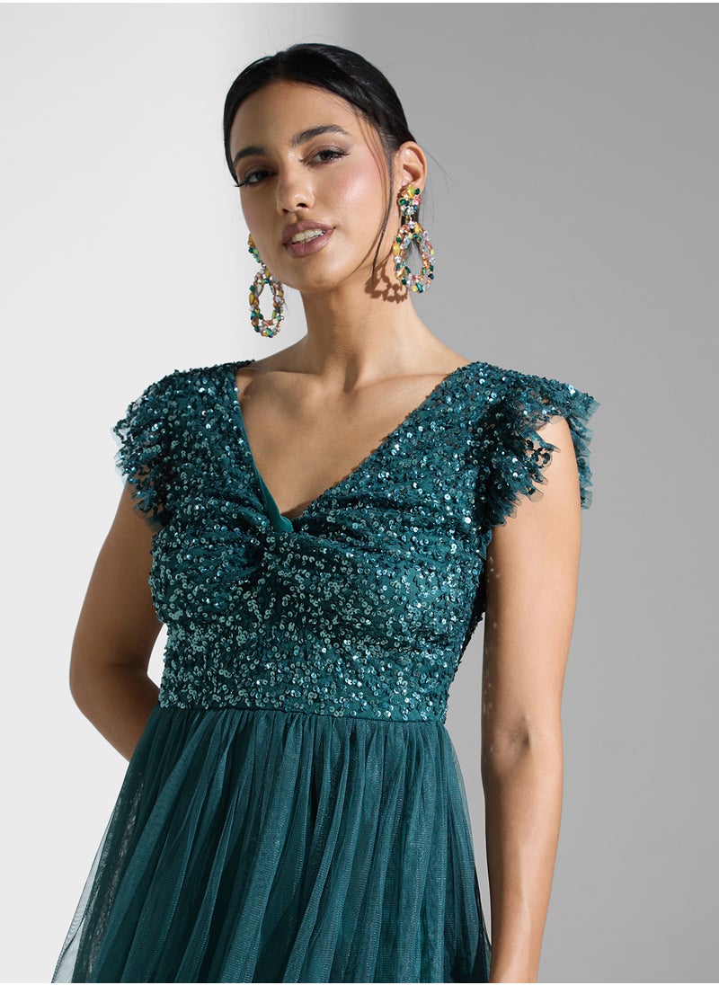 Maya - Flutter Sleeve Mesh Detail Twist Front Dress - Image 1