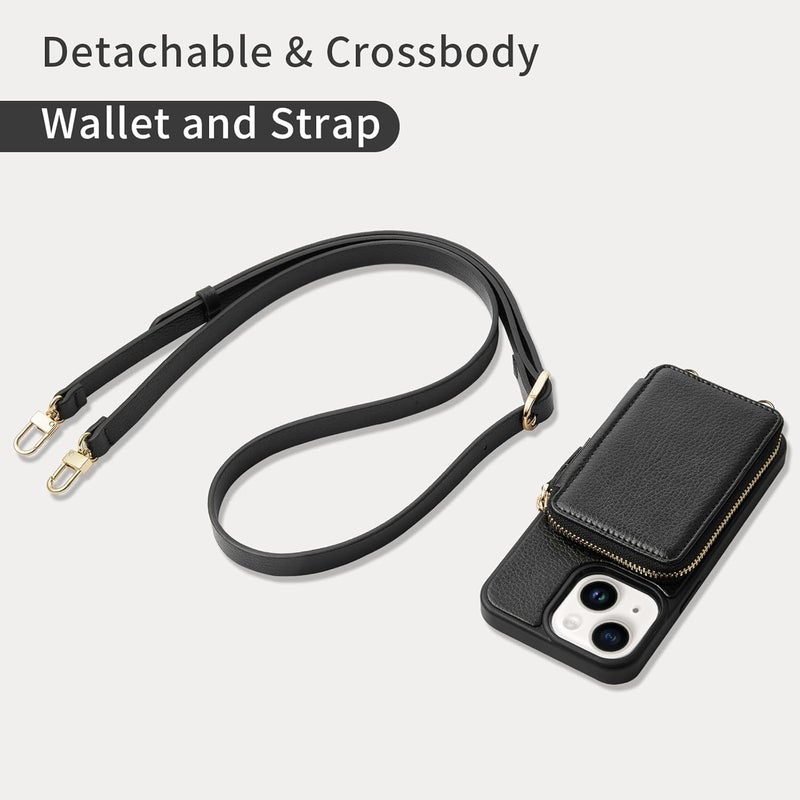 ZVE for iPhone 13 Wallet Case Crossbody for Women, iPhone 13 Zipper Phone Case with RFID Blocking Card Holder Wrist Strap Purse for iPhone 13(6.1 inch)- Black - Image 5