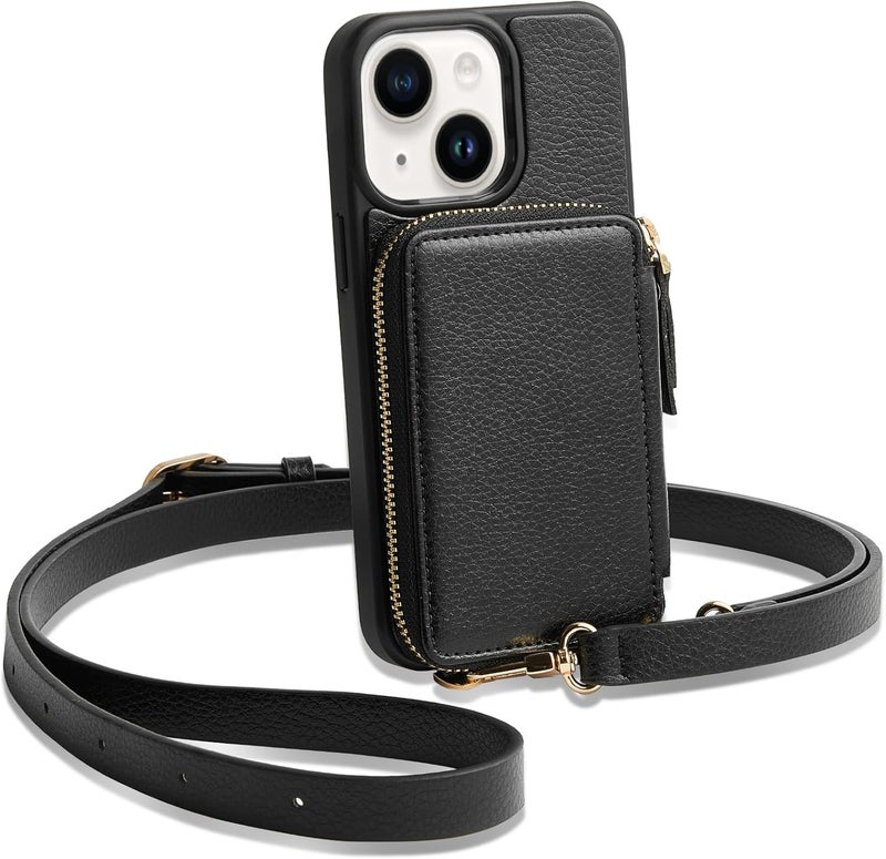 ZVE for iPhone 13 Wallet Case Crossbody for Women, iPhone 13 Zipper Phone Case with RFID Blocking Card Holder Wrist Strap Purse for iPhone 13(6.1 inch)- Black - Image 1