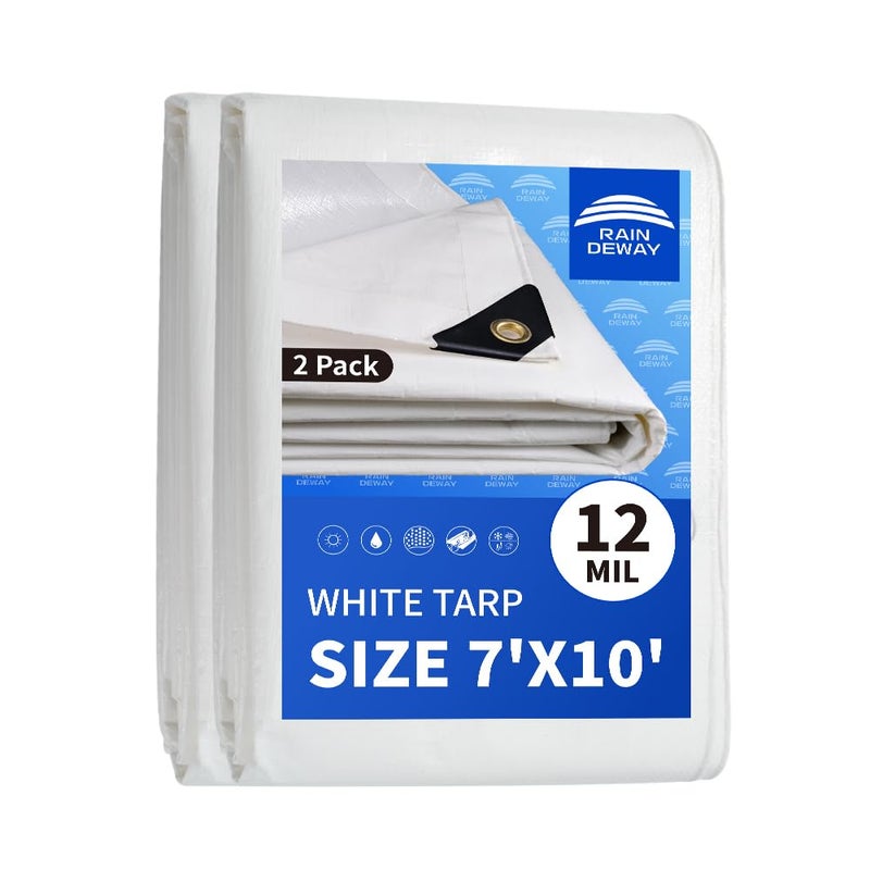 RAINDEWAY 12 Mil Heavy Duty White Tarp 7x10 Feet 2 Pack UV Resistant Waterproof Weatherproof Poly Tarp with Metal Grommets and Reinforced Edges