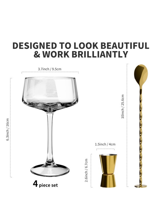 Deluxe Espresso Martini Glasses Set of 4 | 10oz Coupe Glasses with Gold Rims for Champagne, Cosmopolitans - Includes Gold Jigger, Bar Spoon & eBook - | Ideal for Martinis and Manhattans - Image 2