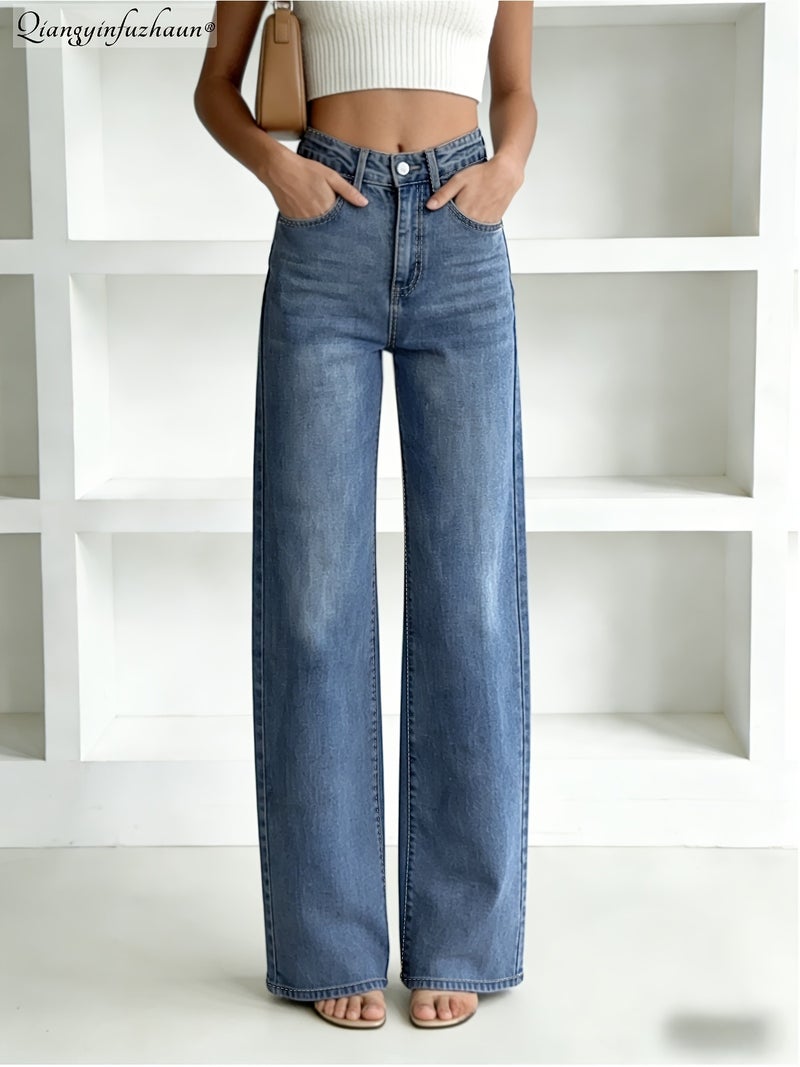 Washed and Distressed Straight-leg Denim Women's Pants - High Waist for Effect, Versatile and Loose-fitting Wide-leg Retro Pants, Spring\u002Fautumn Style - Image 3