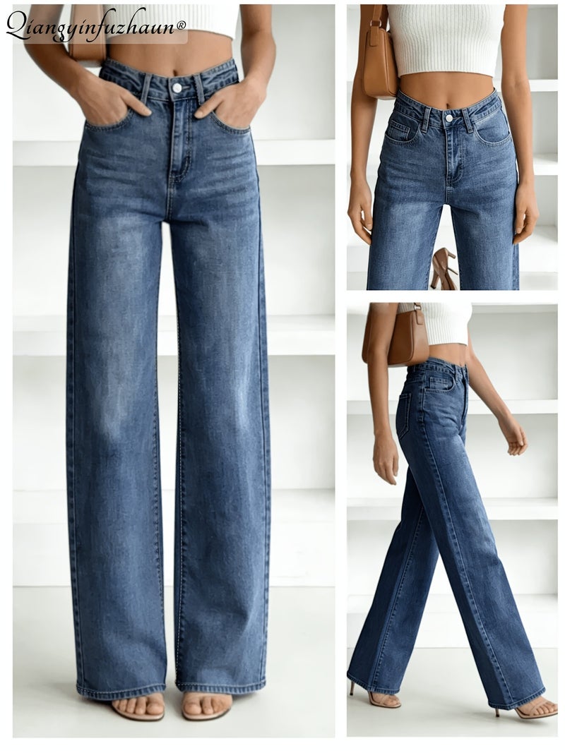 Washed and Distressed Straight-leg Denim Women's Pants - High Waist for Effect, Versatile and Loose-fitting Wide-leg Retro Pants, Spring\u002Fautumn Style - Image 2