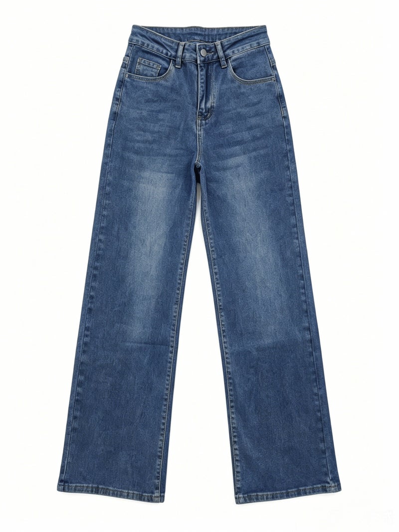 Washed and Distressed Straight-leg Denim Women's Pants - High Waist for Effect, Versatile and Loose-fitting Wide-leg Retro Pants, Spring\u002Fautumn Style - Image 5