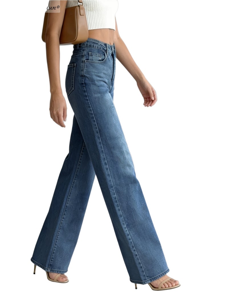 Washed and Distressed Straight-leg Denim Women's Pants - High Waist for Effect, Versatile and Loose-fitting Wide-leg Retro Pants, Spring\u002Fautumn Style - Image 1