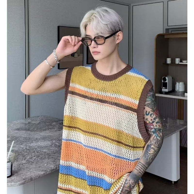 American Stripe Color Contrast Men'S And Women'S Loose Lazy Style Knitted Hollow Vest Summer High Street Fashion Design Sense Top - Image 1