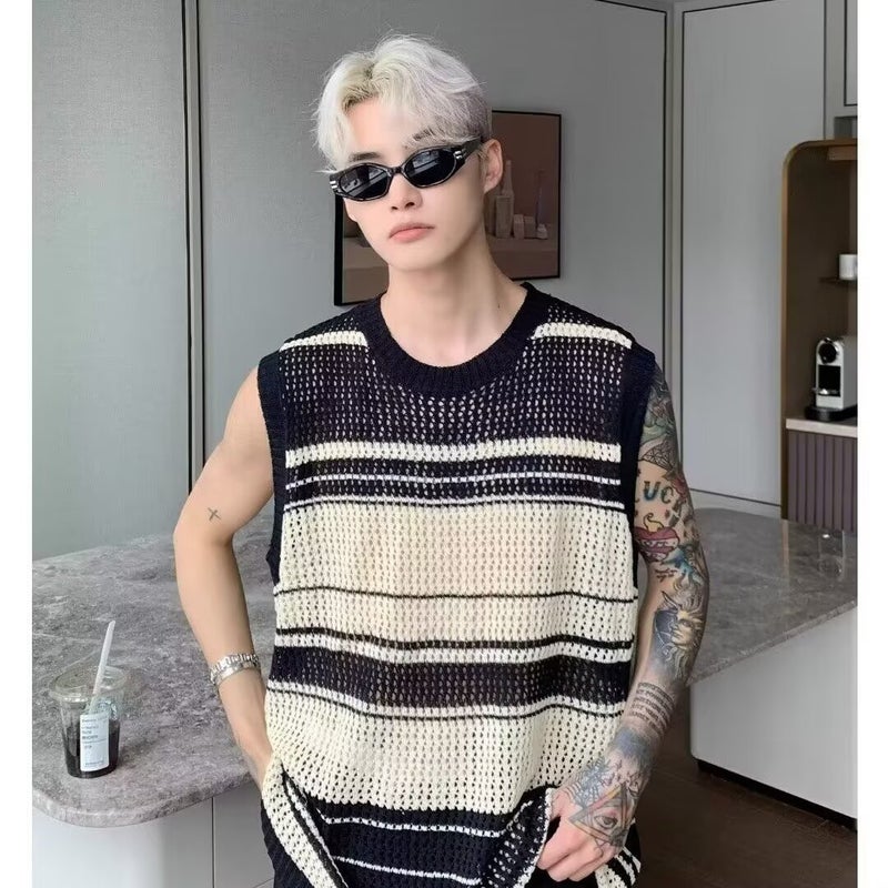 American Stripe Color Contrast Men'S And Women'S Loose Lazy Style Knitted Hollow Vest Summer High Street Fashion Design Sense Top - Image 5