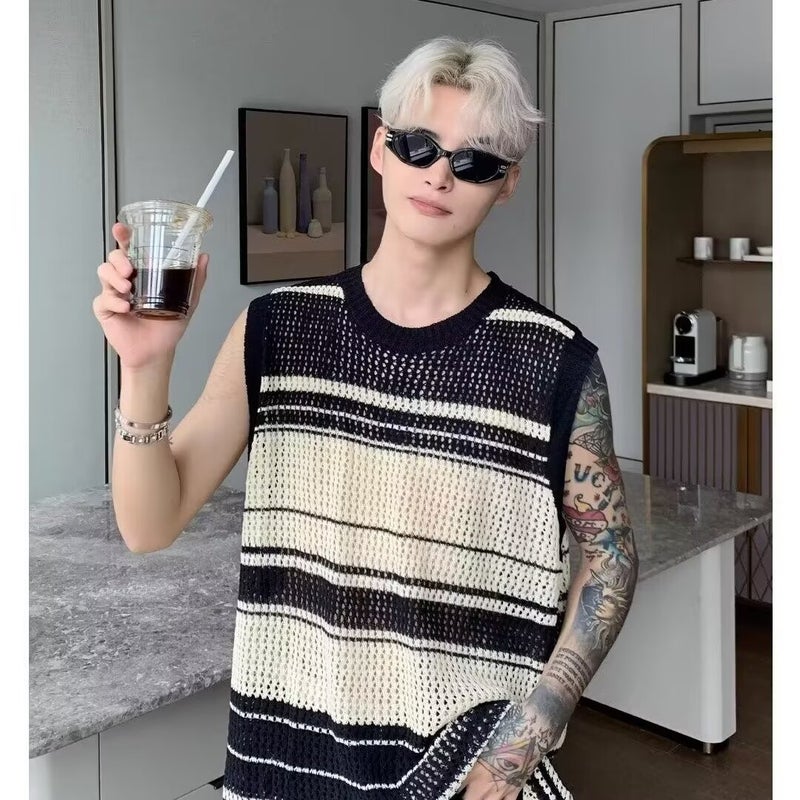 American Stripe Color Contrast Men'S And Women'S Loose Lazy Style Knitted Hollow Vest Summer High Street Fashion Design Sense Top - Image 2