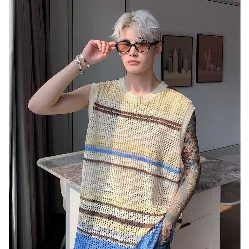 American Stripe Color Contrast Men'S And Women'S Loose Lazy Style Knitted Hollow Vest Summer High Street Fashion Design Sense Top - Image 4