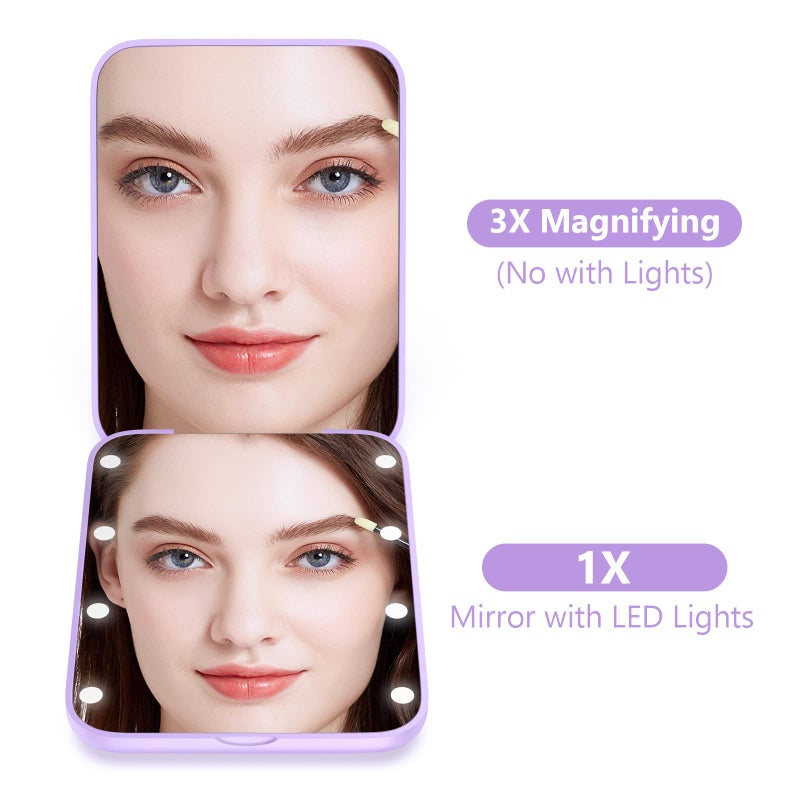Wobsion Small Mirror With Lights Led Compact Makeup Mirror 1X/3X Mini Travel Mirror With Magnification Portable Hand Held Mirror For Purse Pocket Gifts For Girls Purple - Image 2